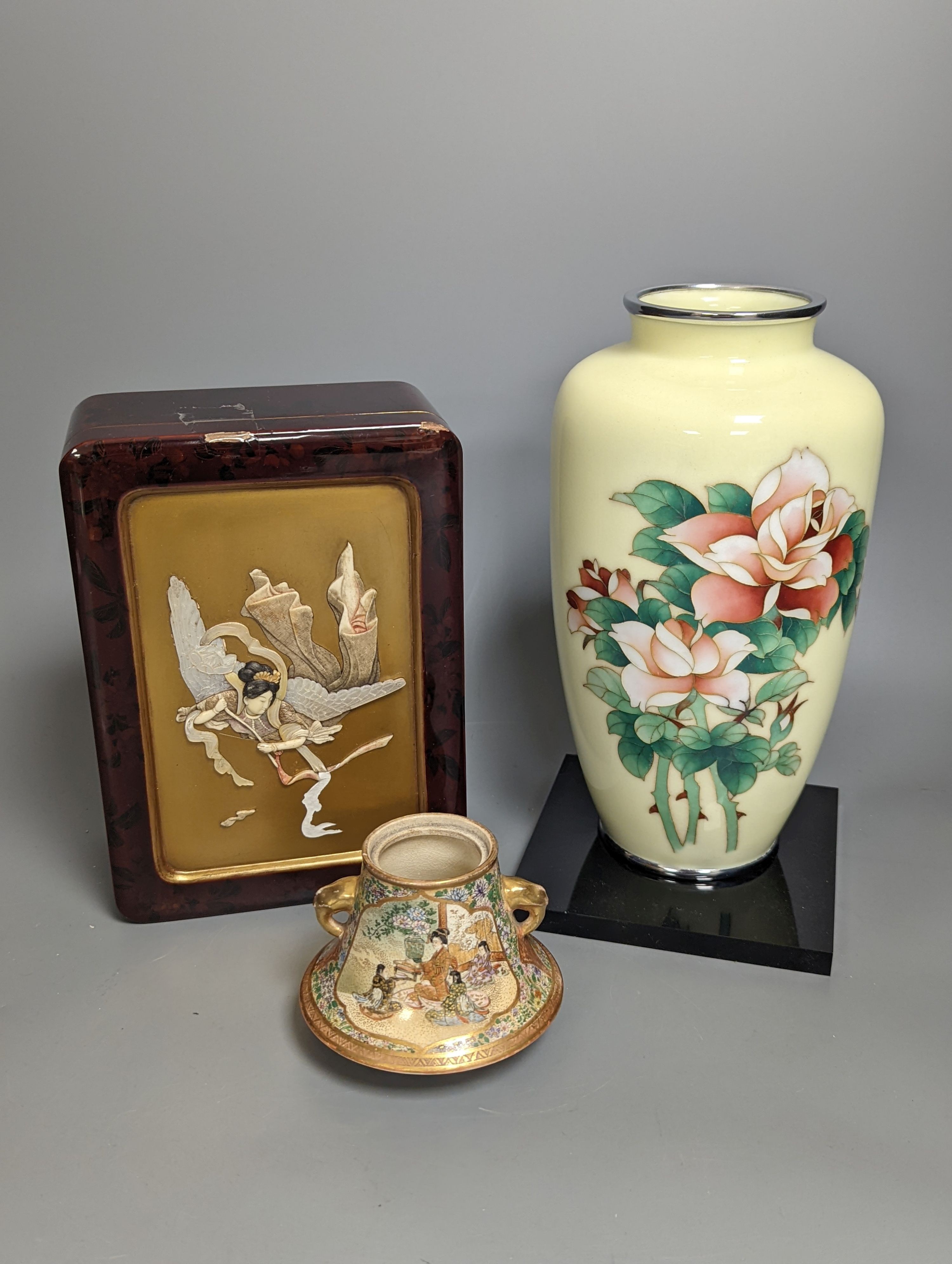 A Japanese cloisonné enamel ovoid vase, by Ando, height 21cm, a small Satsuma pot (lacking cover), and a Japanese lacquered box, the cover inlaid with ivory and mother of pearl